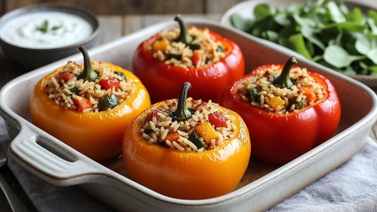 Запечённые перцы, фаршированные рисом и овощами — сочное и ароматное блюдо для любого стола