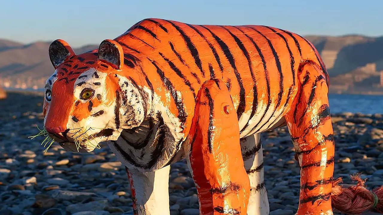 Главная картинка новости: К Новому году новороссиец сделал деревянного тигра на мысе Суджук