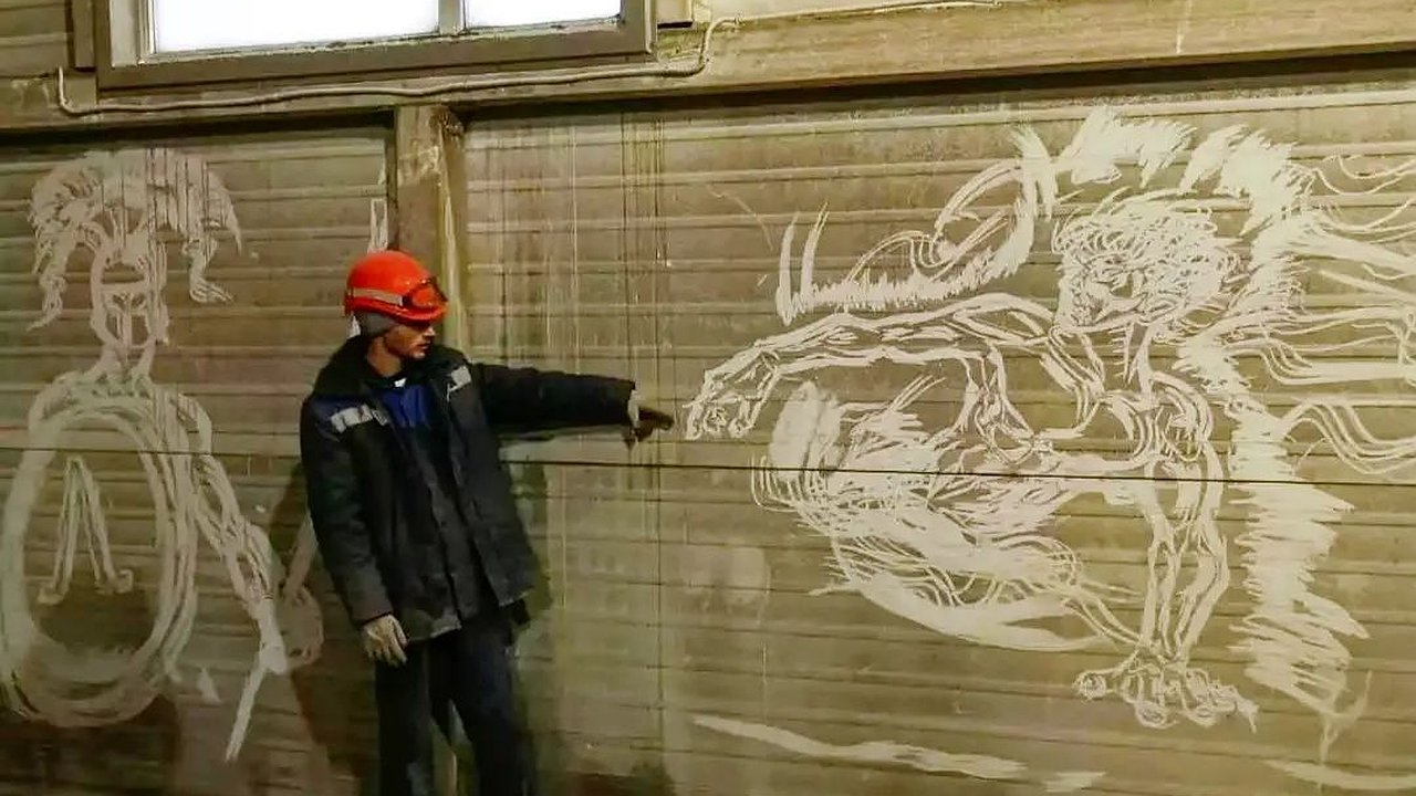Главная картинка новости: Новороссиец рисует картины на пыльных стенах цемзавода