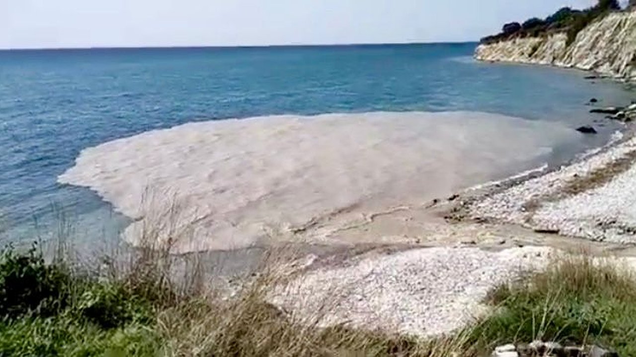 Главная картинка новости: В Мысхако в море появилось серо-коричневое пятно. Видео