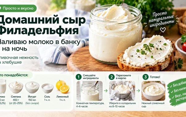 Домашний сыр «Филадельфия» за ночь: смешиваю несколько продуктов — и утром готова нежная намазка на хлеб