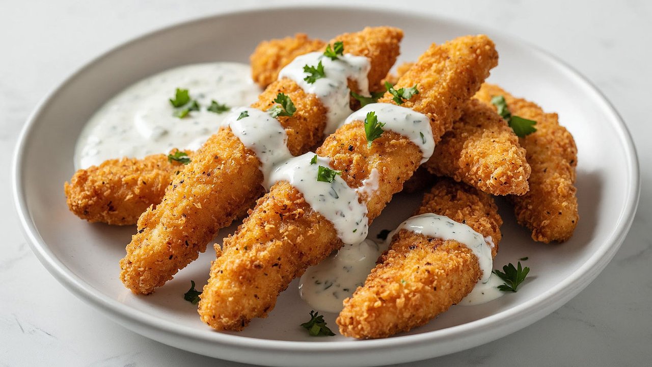 Главная картинка новости: Аппетитные куриные стрипсы с чесночным йогуртом: хрустящий ужин за 30 минут